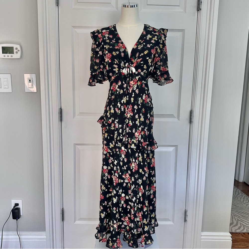 JILL Jill Stuart Floral V-Neck Ruffle Tie Front Wedding Guest Midi Dress Size 2